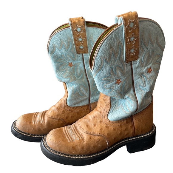 Ariat Cowboy Boots Women's 6.5B Blue & Brown Style 16729 Ostrich Print Boots - Picture 1 of 8
